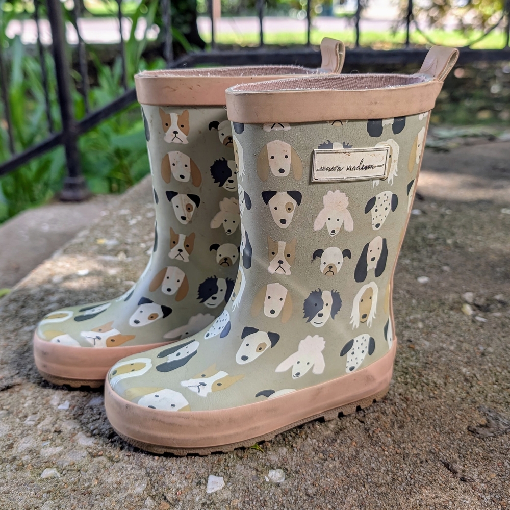 Doggie Rain Boots Toddler Beige Pink Puppy Print Norma Madison Size 7